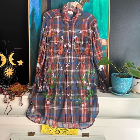 Wilfred Red and Blue Plaid Shirt Hand Painted Small - Picture 2 of 16